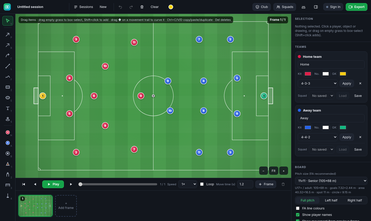 The board: tools on the left, timeline at the bottom, team and pitch settings on the right