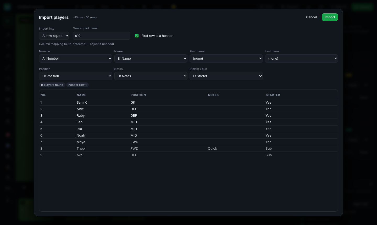 Importing a CSV: check the column matches, then import