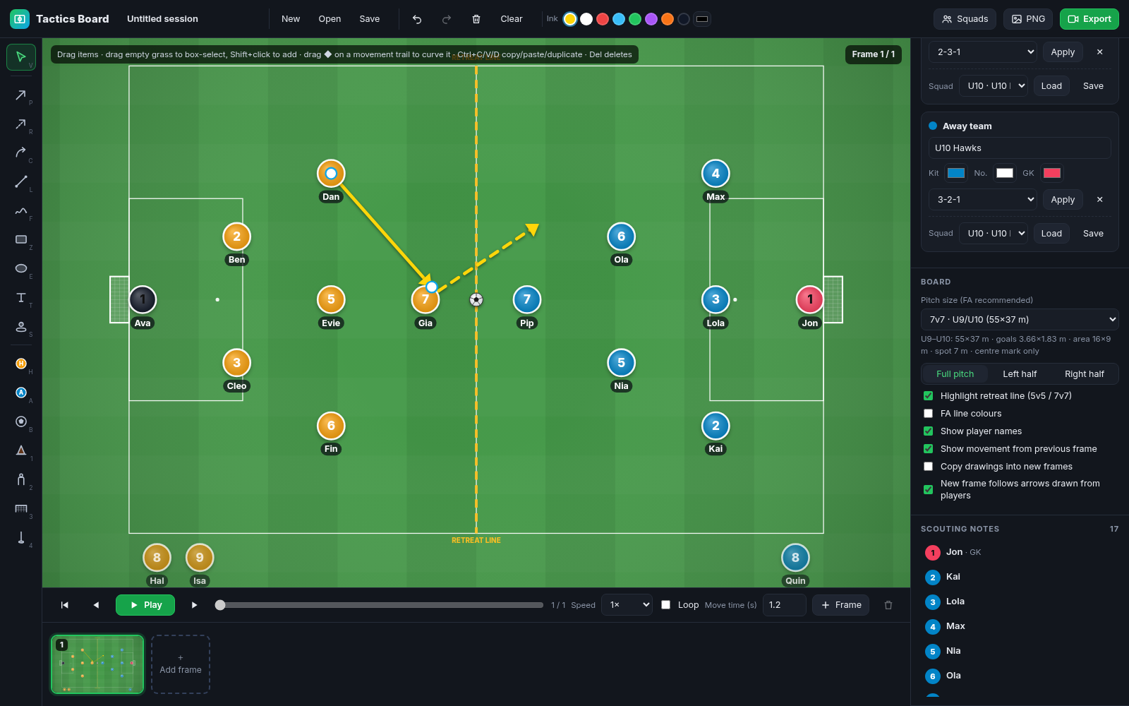 Tactix Board showing a 7v7 pitch with two squads